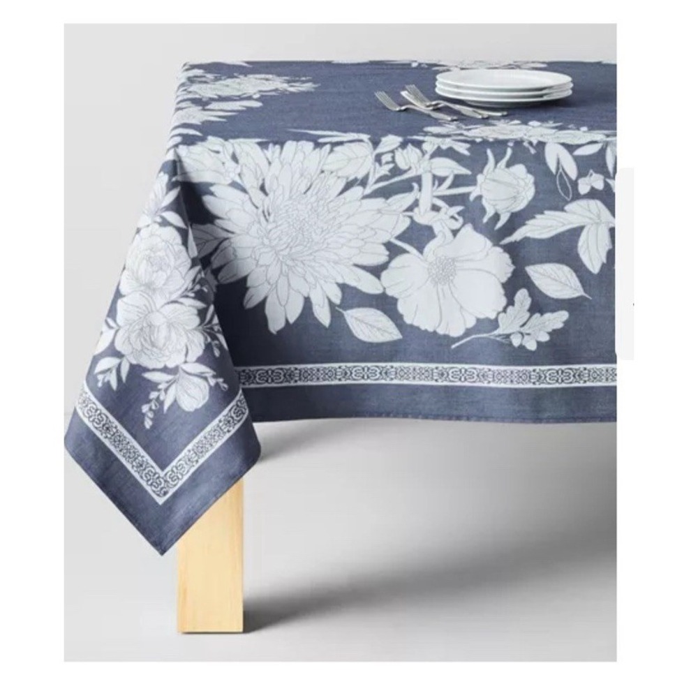 Sur La Table Jacquard Floral Tablecloth Indigo Blue 90 x 90" Cotton Chambray
